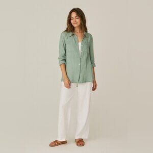 Talia Benson Womens Light Green Casual 100% Linen Button Down Long Sleeve Shirt